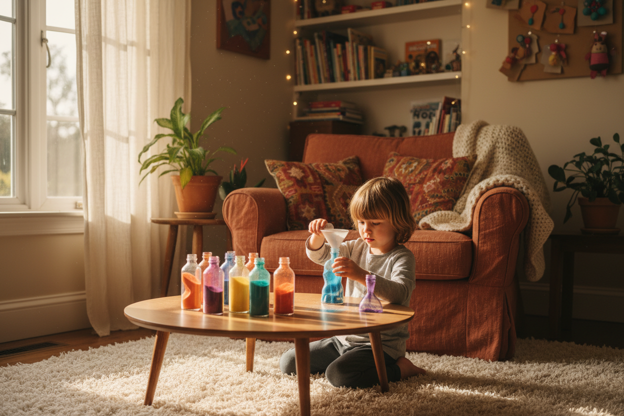 A child doing sand art in a very cozy room